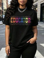 Educator Colorful Text Print Black Crew Neck Tee Year Round Casual Top