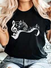 Women Music Note Piano Keyboard Graphic T-Shirt, Music Lover Casual Short Sleeve Tee