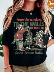 2026 New Fall Clothes For Christmas Women's Casual Christmas Racoon Graphic Tee Round Neck Short Sleeve Cotton T-Shirt, Regular Fit Top For Daily Wear