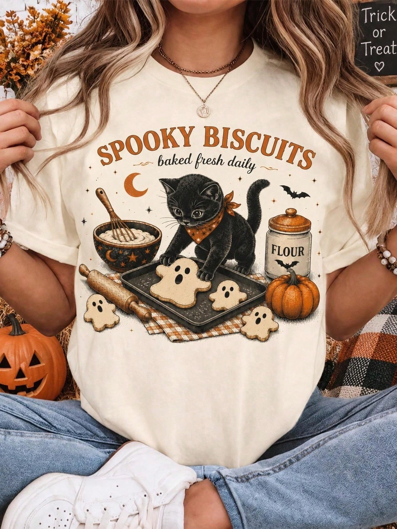 Unisex Cute Halloween Baker T Shirt, Spooky Biscuits Baked Fresh Daily Black Cat Ghost Cookie Pumpkin Retro Graphic Short Sleeve Tee