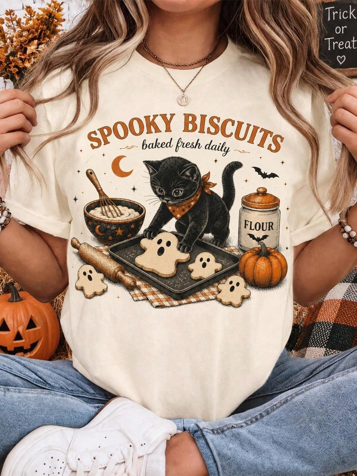 Unisex Cute Halloween Baker T Shirt, Spooky Biscuits Baked Fresh Daily Black Cat Ghost Cookie Pumpkin Retro Graphic Short Sleeve Tee