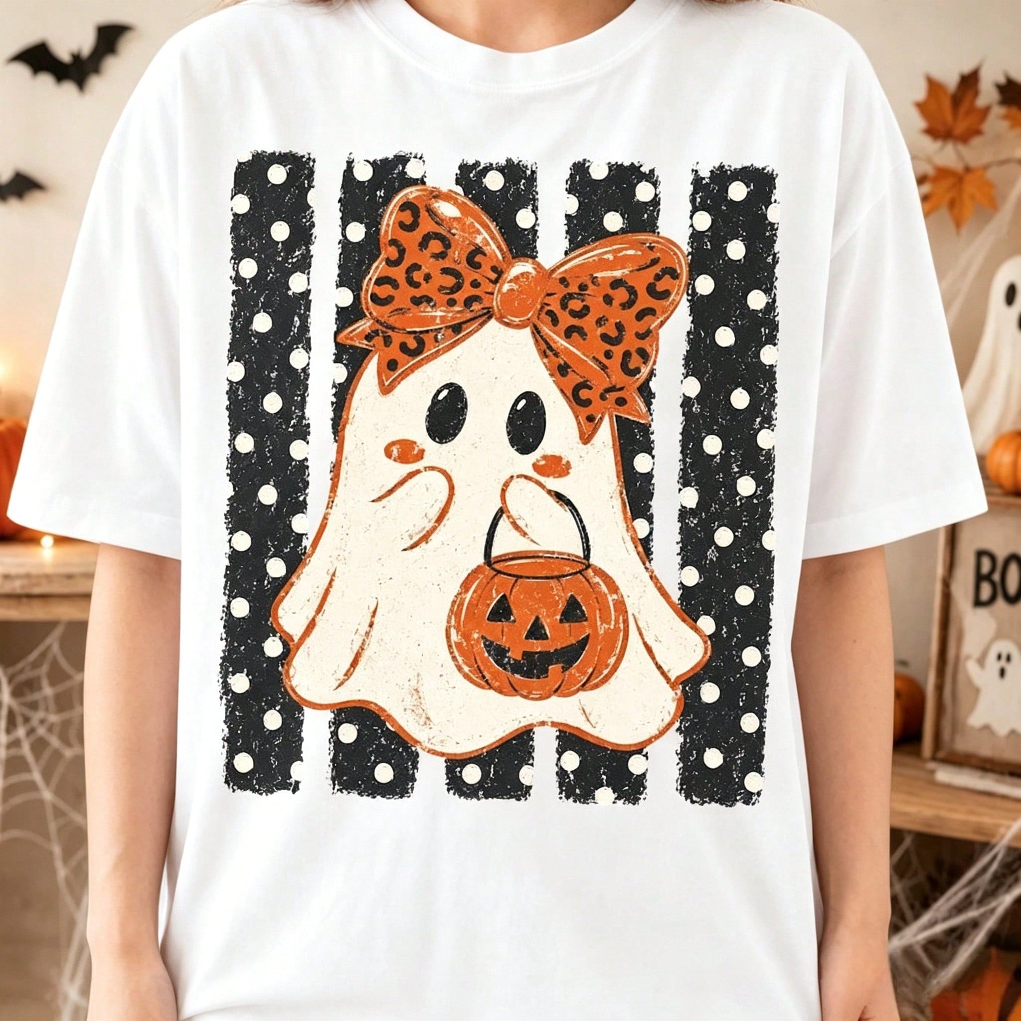 Halloween Ghost & Polka Dot Eerie Season, Cute Ghost, Halloween Pumpkin, Aesthetic Girly Style, Distressed Design Women's T-Shirt