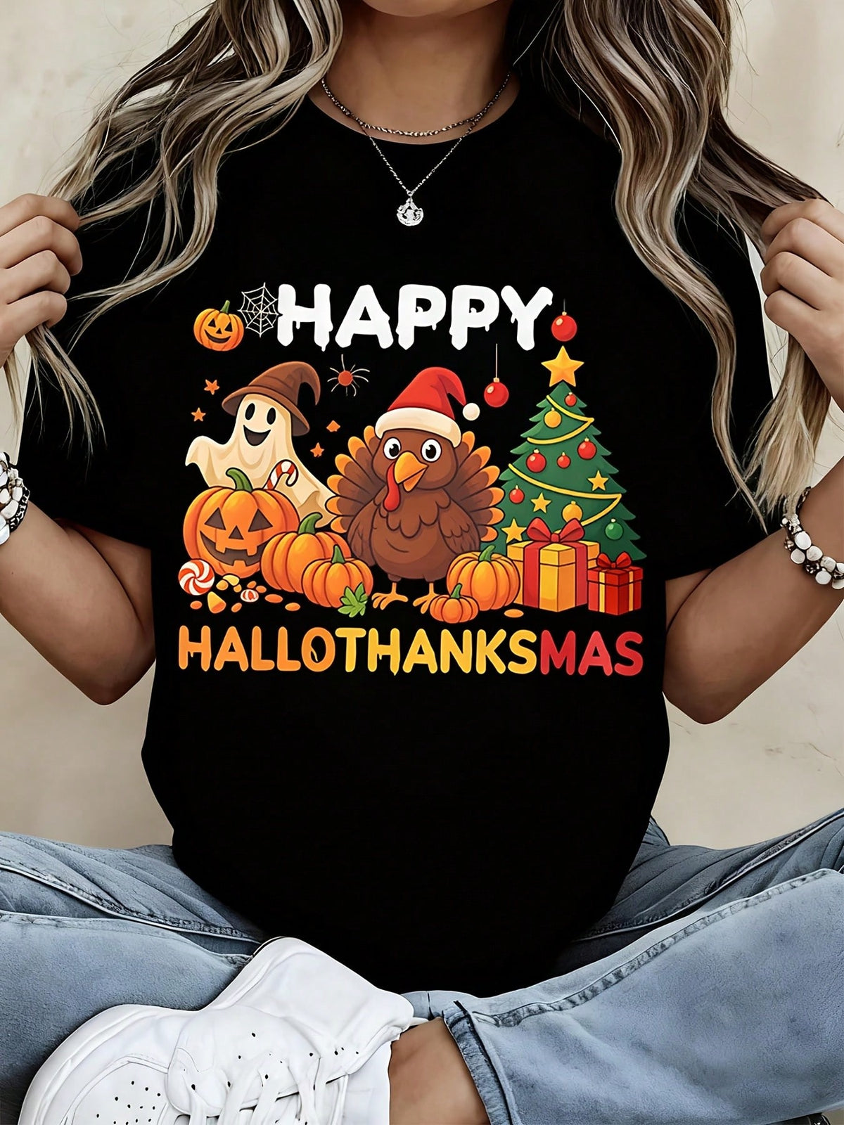 Happy Hallothanksmas T Shirt Women Funny Halloween Thanksgiving Christmas Combo Graphic Tee Casual Short Sleeve Top