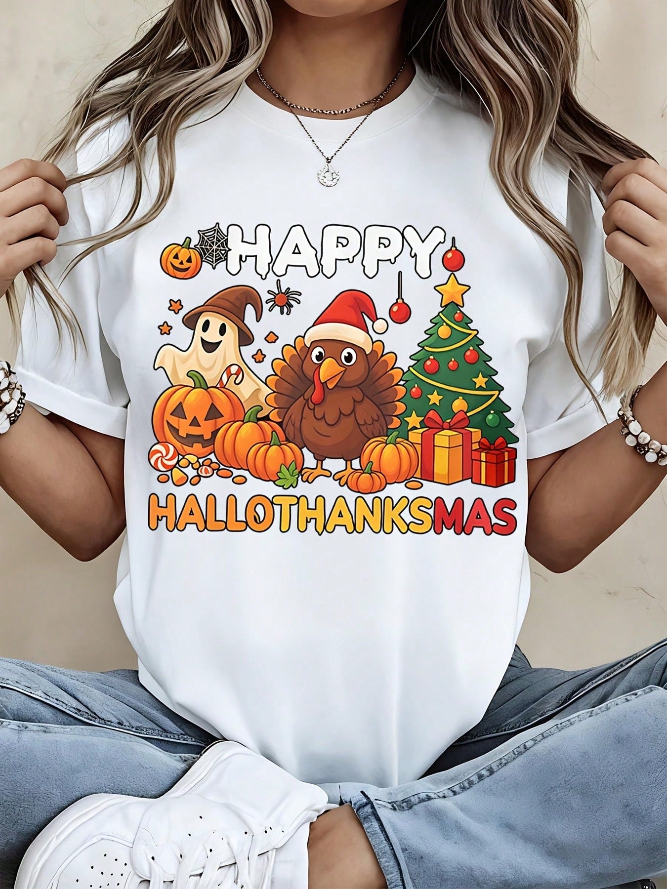 Happy Hallothanksmas T Shirt Women Funny Halloween Thanksgiving Christmas Combo Graphic Tee Casual Short Sleeve Top