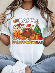 Happy Hallothanksmas T Shirt Women Funny Halloween Thanksgiving Christmas Combo Graphic Tee Casual Short Sleeve Top