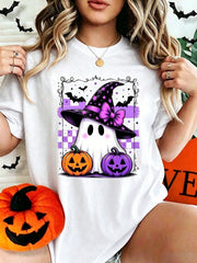 Women's Cute Ghost Witch Hat Pumpkin Halloween Graphic T-Shirt, Casual Short Sleeve Fall Spooky Tee