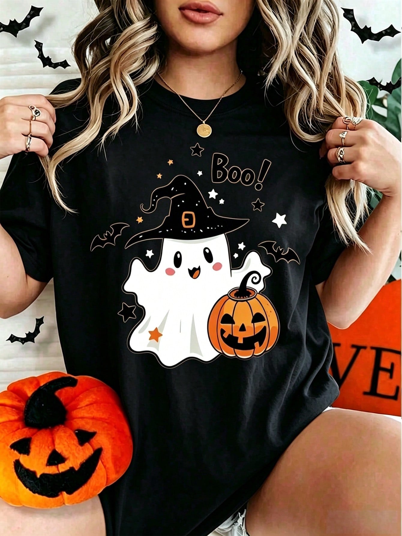 Women Cute Witch Ghost Pumpkin Boo Graphic T-Shirt, Halloween Fall Casual Short Sleeve Tee