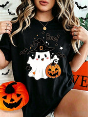 Women Cute Witch Ghost Pumpkin Boo Graphic T-Shirt, Halloween Fall Casual Short Sleeve Tee