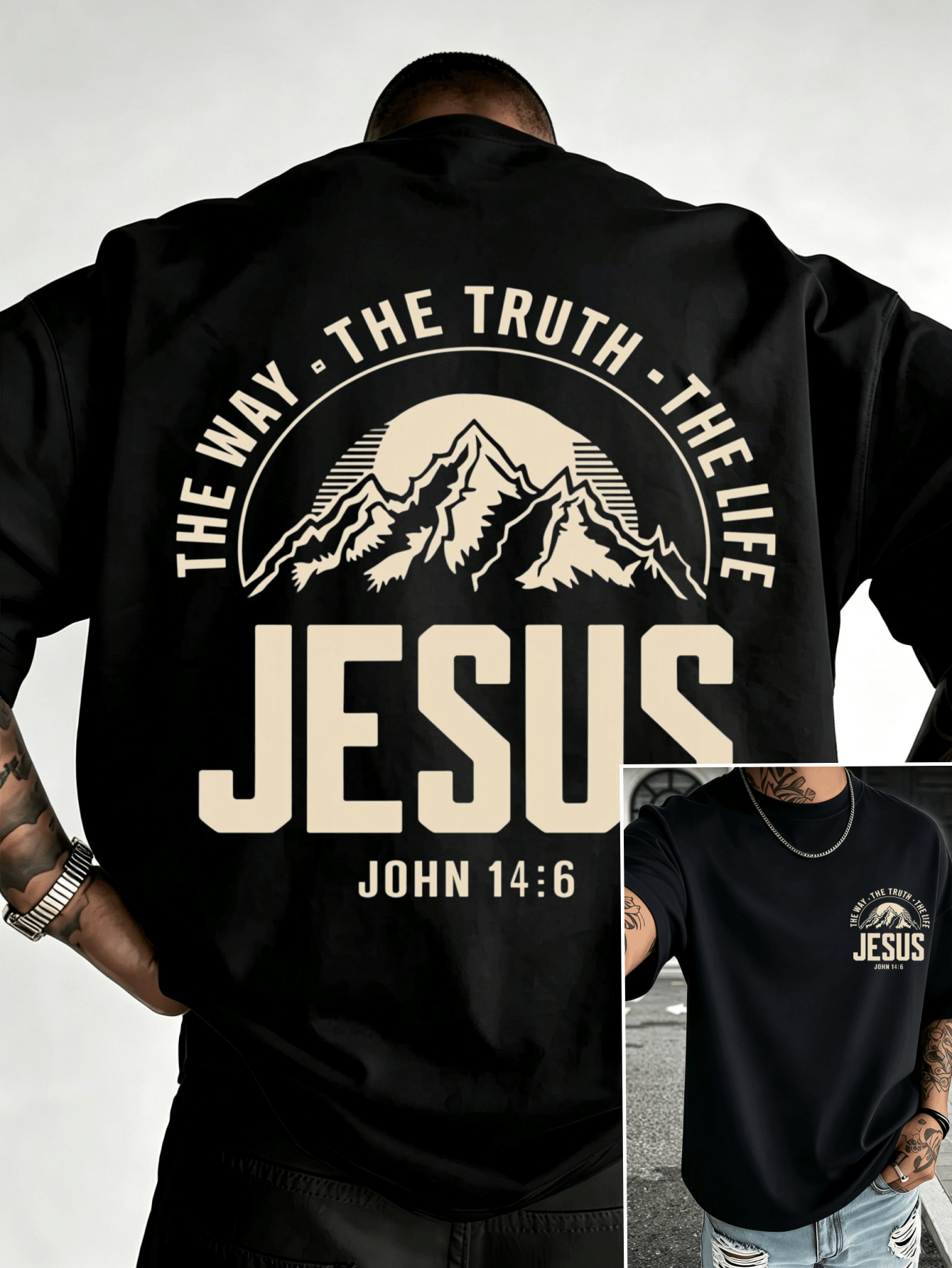 Men Jesus The Way The Truth The Life Mountain Print T Shirt Oversized Crew Neck Faith Casual Short Sleeve Tee