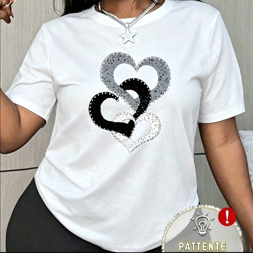 Heart Print Slim Fit Short Sleeve Tee Casual Crew Neck Top