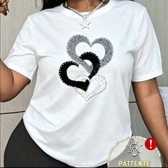 Heart Print Slim Fit Short Sleeve Tee Casual Crew Neck Top