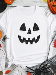 Women's Halloween Pumpkin Print Casual T-Shirt Short Sleeve Round Neck Cotton Tee For Fall Partie
