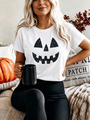 Women's Halloween Pumpkin Print Casual T-Shirt Short Sleeve Round Neck Cotton Tee For Fall Partie