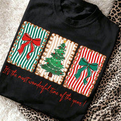 Women's Christmas Tree Graphic T-Shirt Round Neck Short Sleeve Bow Stamp Letter Printed Tee Vintage Holiday Party Tops