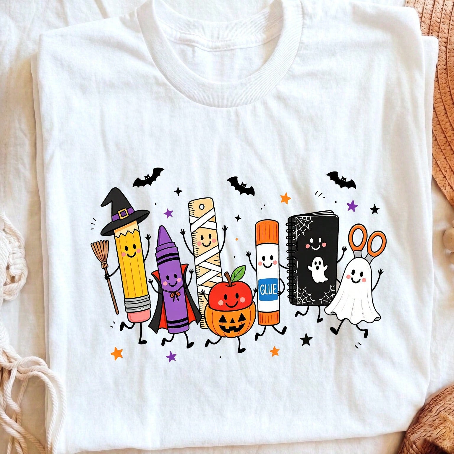 Women's Halloween Teacher Graphic T-Shirt, Cute Cartoon School Supplies Pumpkin Ghost Doodle Print Short Sleeve Crew Neck Casual Tee for Teacher