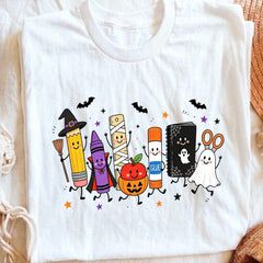 Women's Halloween Teacher Graphic T-Shirt, Cute Cartoon School Supplies Pumpkin Ghost Doodle Print Short Sleeve Crew Neck Casual Tee for Teacher