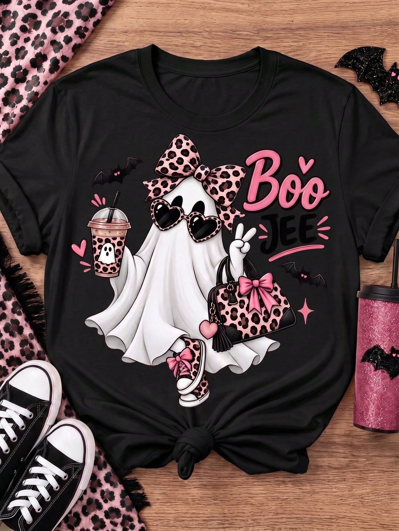 Women's Cute Boo Ghost Leopard Bow Graphic T-Shirt, Fall Halloween Short Sleeve Casual Tee
