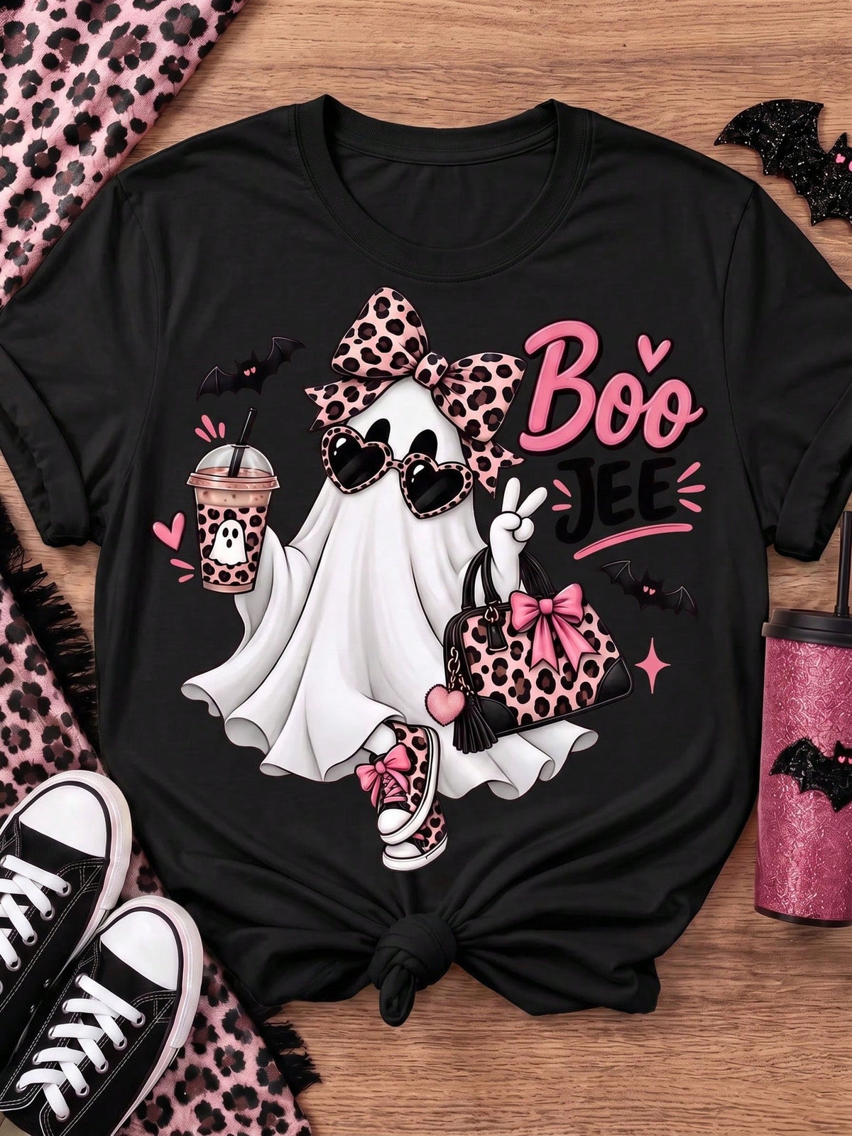 Women's Cute Boo Ghost Leopard Bow Graphic T-Shirt, Fall Halloween Short Sleeve Casual Tee