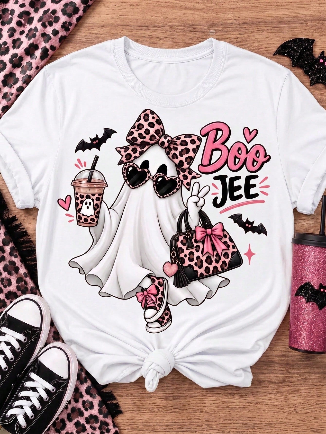 Women's Cute Boo Ghost Leopard Bow Graphic T-Shirt, Fall Halloween Short Sleeve Casual Tee
