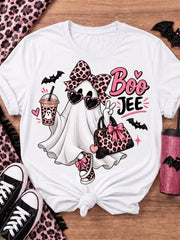 Women's Cute Boo Ghost Leopard Bow Graphic T-Shirt, Fall Halloween Short Sleeve Casual Tee
