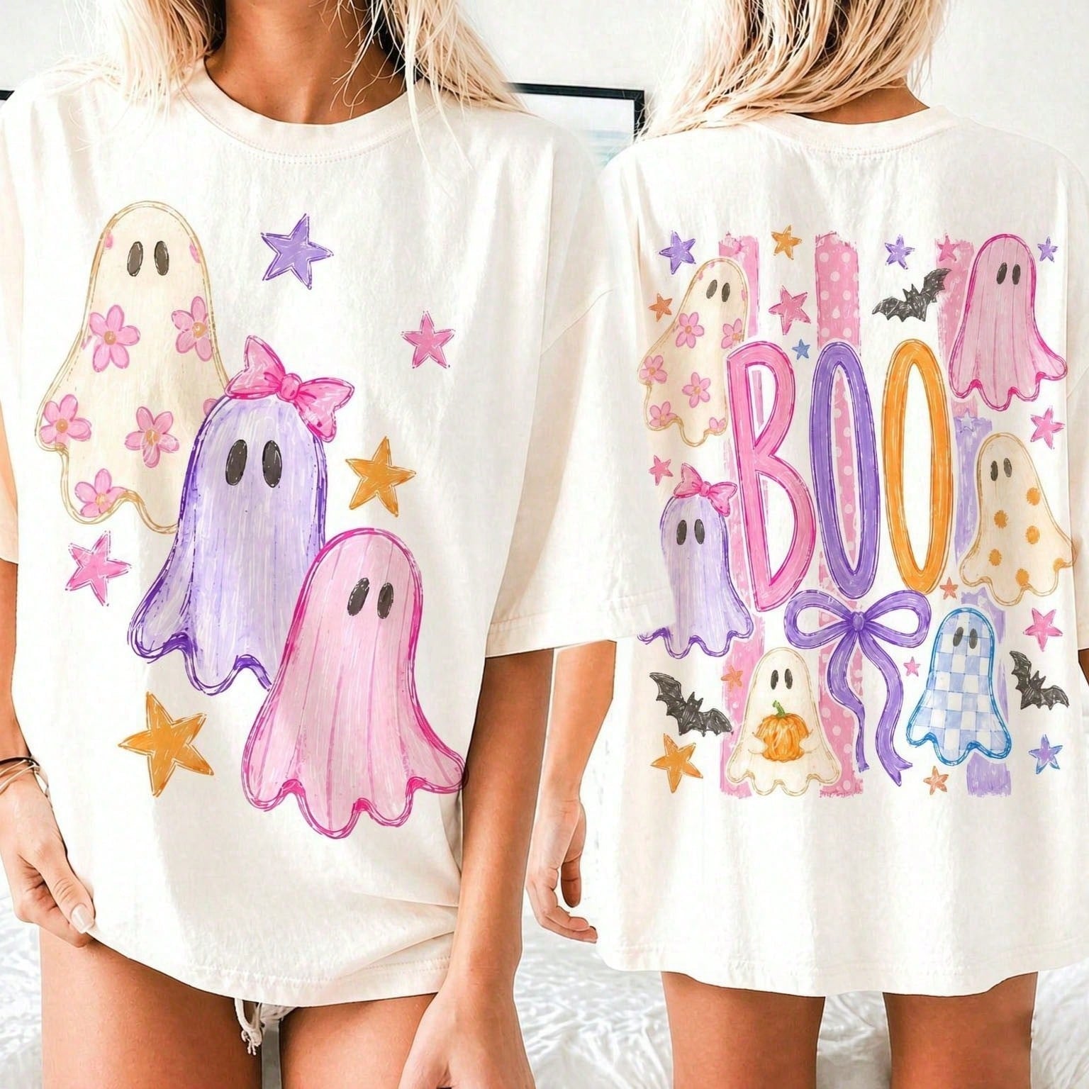 Ghost Stripes Preppy-Style Halloween Print Women's Crew Neck T-Shirt – Halloween & Autumn Apparel For Women