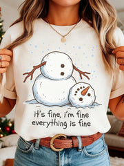 Women's Merry Christmas Print White T-Shirt, Funny Snowman It's Fine I'm Fine Everything Is Fine Text, Crew Neck Casual Cotton Tee For Christmas