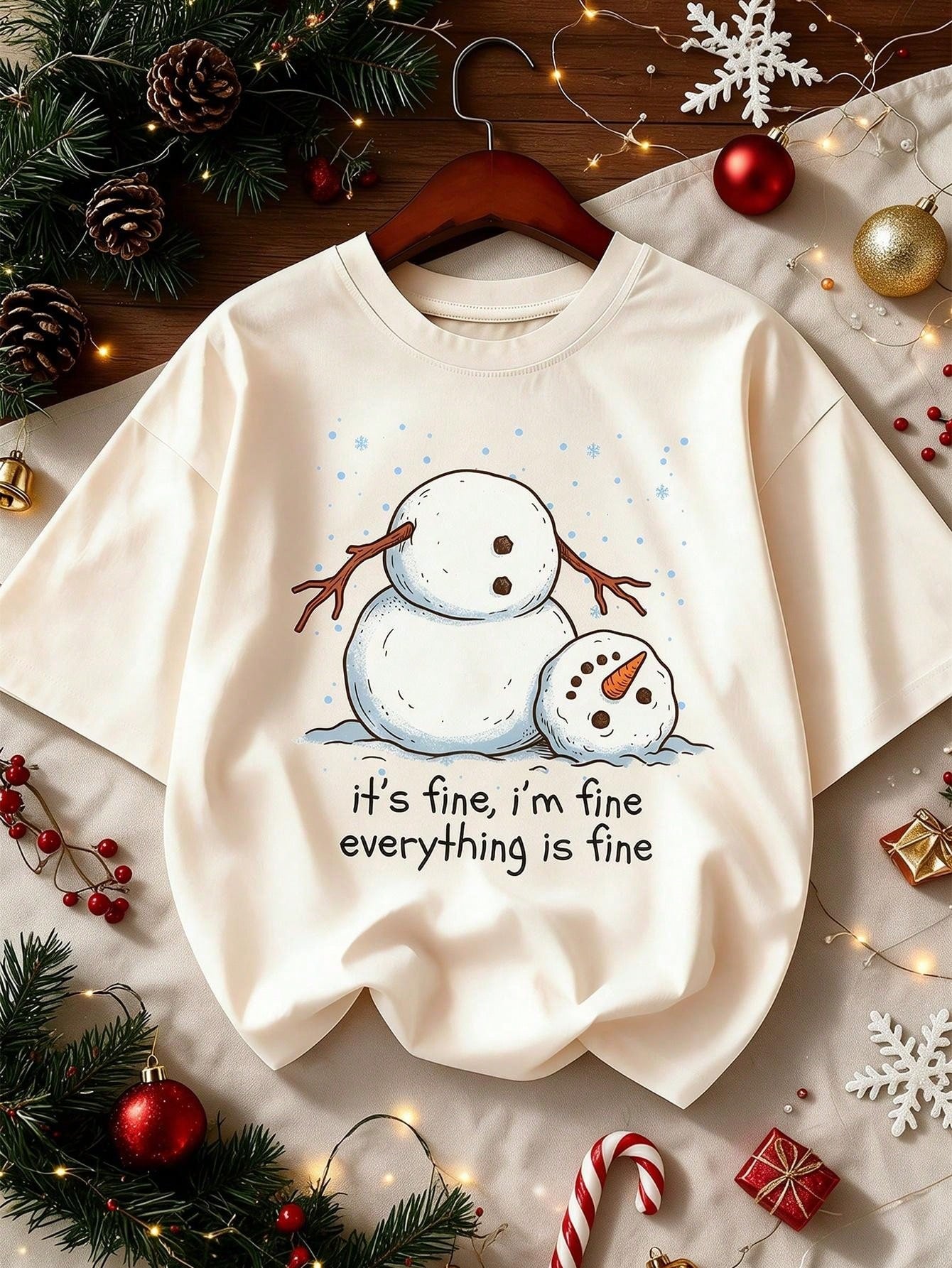 Women's Merry Christmas Print White T-Shirt, Funny Snowman It's Fine I'm Fine Everything Is Fine Text, Crew Neck Casual Cotton Tee For Christmas