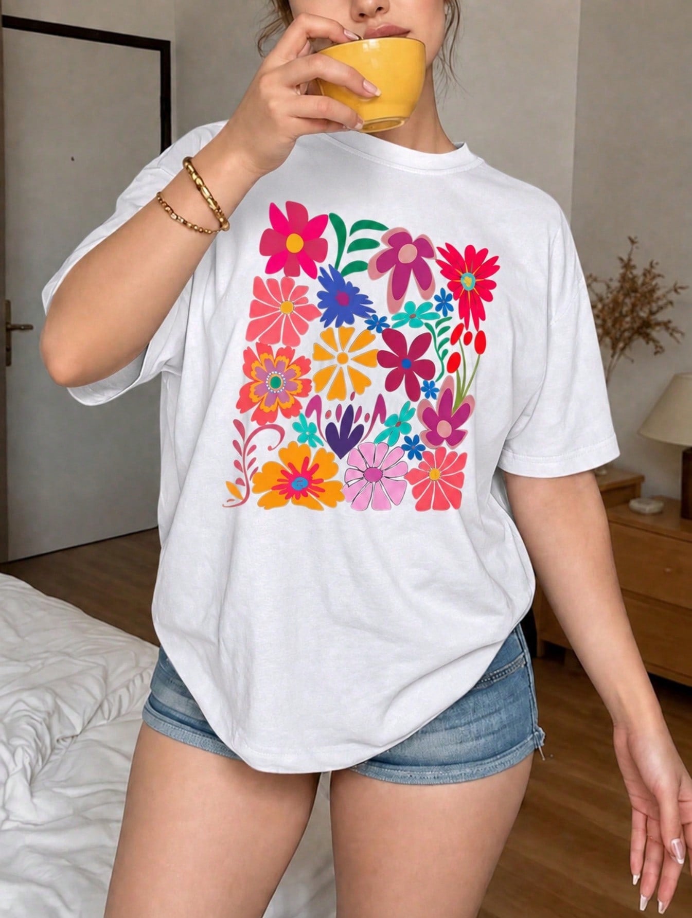 Colorful Folk Floral Graphic Crew Neck Tee Cotton Summer Casual Short Sleeve