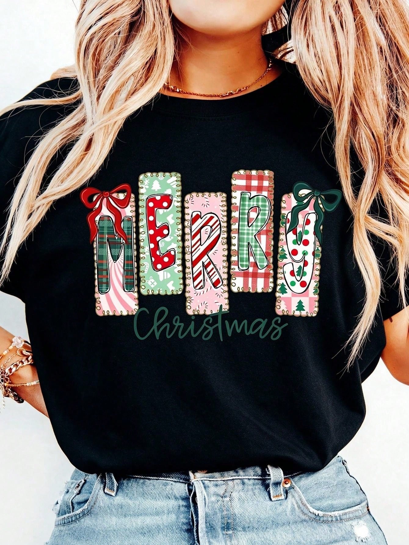 Women T-Shirt Short Sleeve Merry Christmas Patchwork Bow Graphic Print Christmas Holiday Christmas Outfit Xmas Party Festive Top