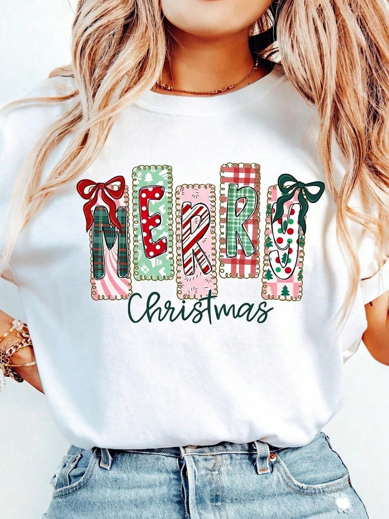 Women T-Shirt Short Sleeve Merry Christmas Patchwork Bow Graphic Print Christmas Holiday Christmas Outfit Xmas Party Festive Top