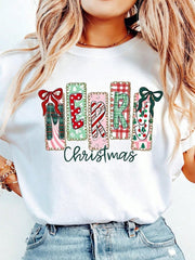 Women T-Shirt Short Sleeve Merry Christmas Patchwork Bow Graphic Print Christmas Holiday Christmas Outfit Xmas Party Festive Top
