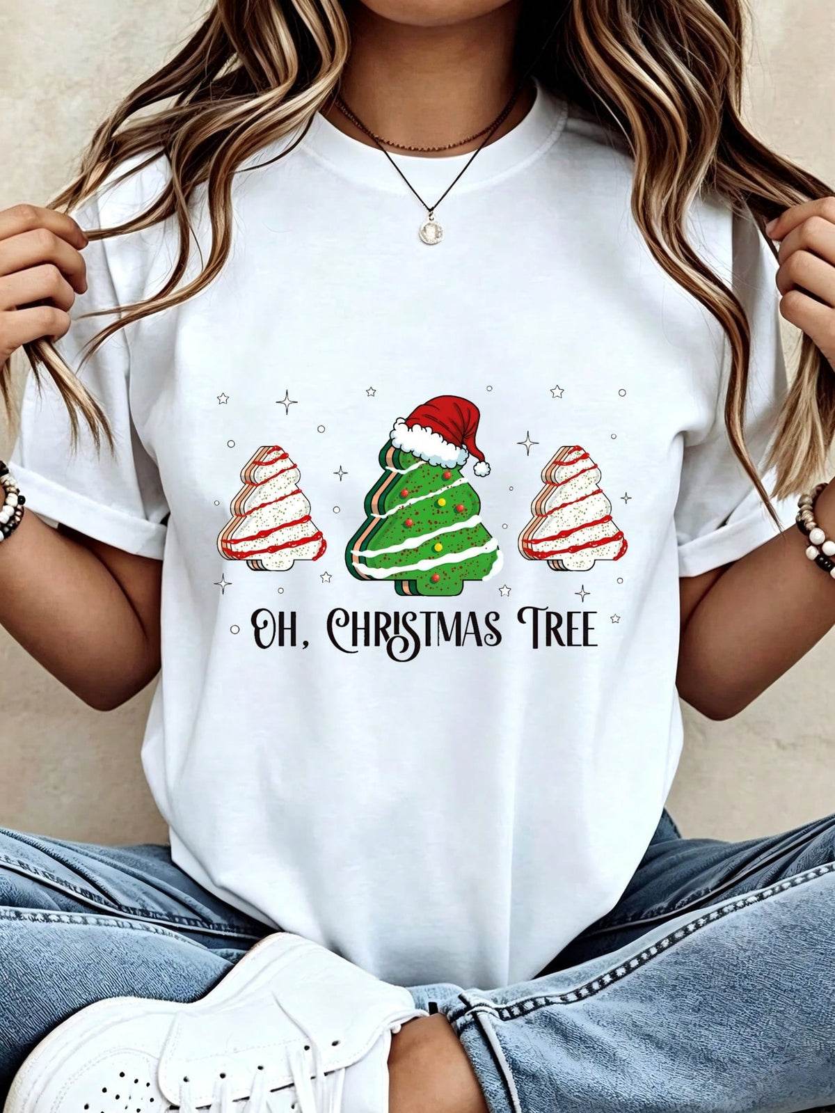 Oh Christmas Tree Graphic T Shirt, Tree Cake Santa Hat Holiday Short Sleeve Tee for Women