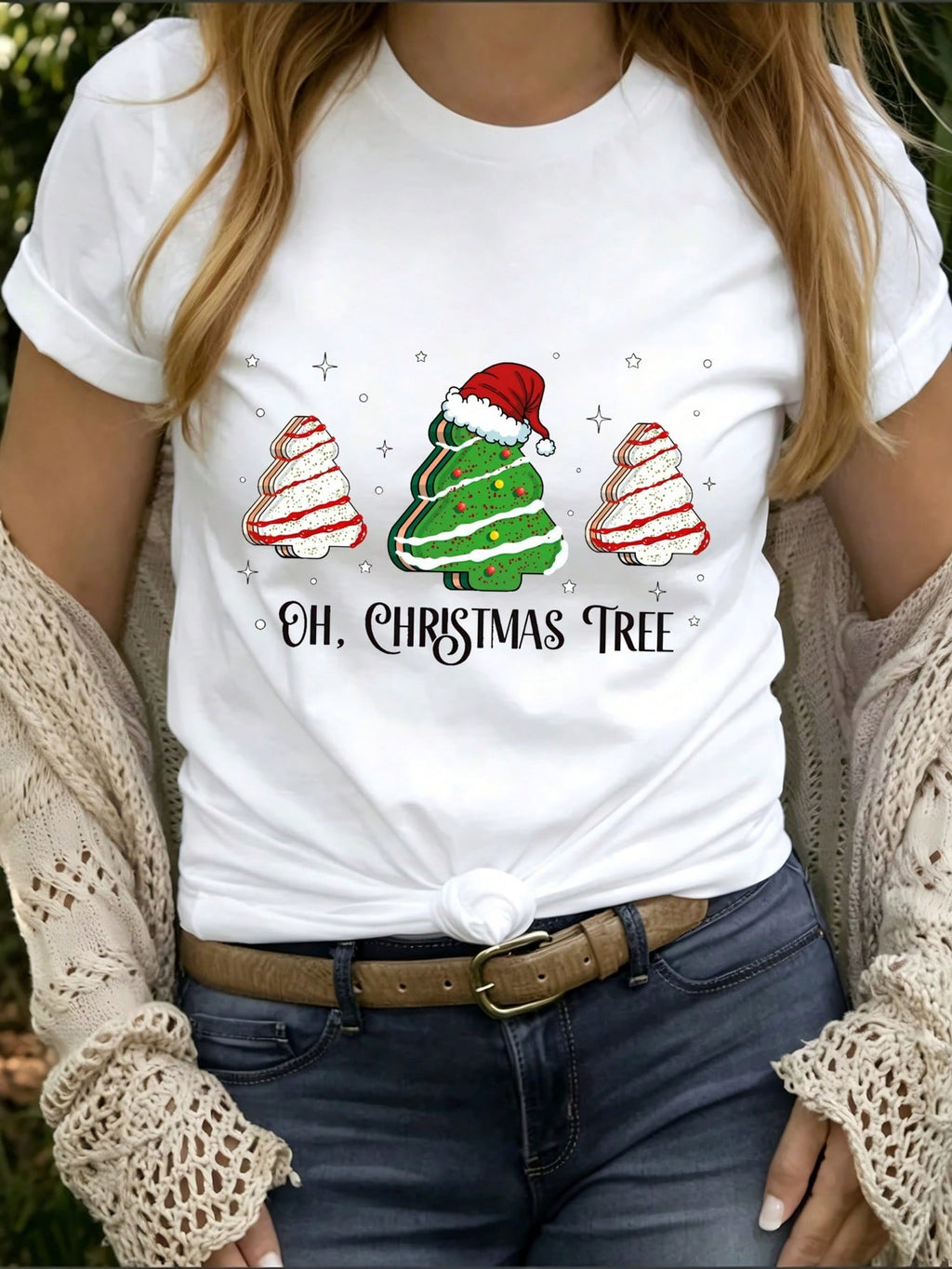 Oh Christmas Tree Graphic T Shirt, Tree Cake Santa Hat Holiday Short Sleeve Tee for Women