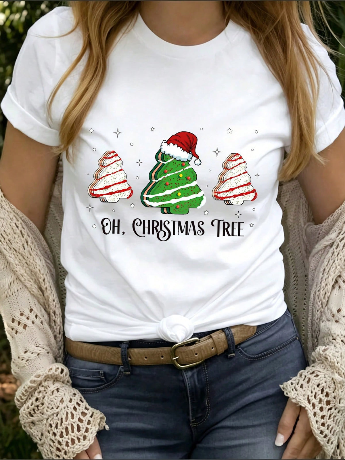 Oh Christmas Tree Graphic T Shirt, Tree Cake Santa Hat Holiday Short Sleeve Tee for Women