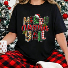 Women's Merry Christmas Y'All Plaid Santa Hat Print Short Sleeve Tee, Festive Casual Holiday Xmas Top
