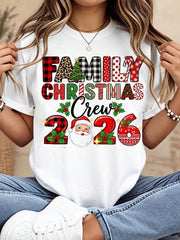Women's T Shirts, Family Christmas Crew 2026 Santa Plaid Leopard Graphic Tees, Crew Neck White Top