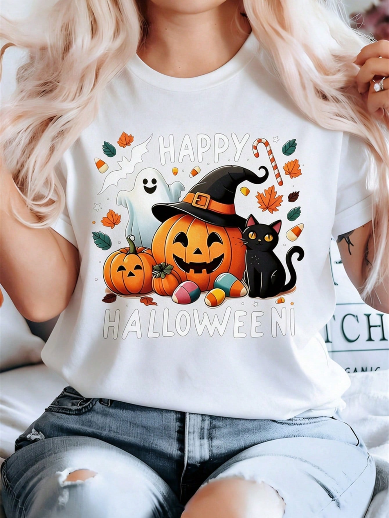 Women's Happy Halloween Graphic T-Shirt, Cute Pumpkin Ghost Black Cat Bat Candy Maple Leaf Short Sleeve Tee, Spooky Fall Holiday Party Casual Top