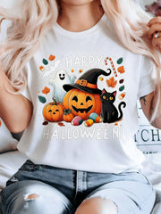 Women's Happy Halloween Graphic T-Shirt, Cute Pumpkin Ghost Black Cat Bat Candy Maple Leaf Short Sleeve Tee, Spooky Fall Holiday Party Casual Top