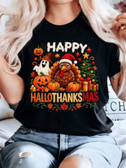 Women's Happy Halloween Graphic T-Shirt, Cute Pumpkin Ghost Black Cat Bat Candy Maple Leaf Short Sleeve Tee, Spooky Fall Holiday Party Casual Top