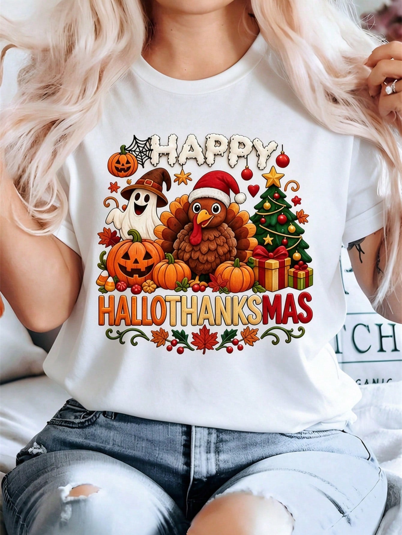 Women's Happy Halloween Graphic T-Shirt, Cute Pumpkin Ghost Black Cat Bat Candy Maple Leaf Short Sleeve Tee, Spooky Fall Holiday Party Casual Top
