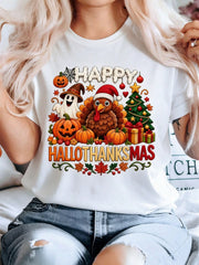Women's Happy Halloween Graphic T-Shirt, Cute Pumpkin Ghost Black Cat Bat Candy Maple Leaf Short Sleeve Tee, Spooky Fall Holiday Party Casual Top