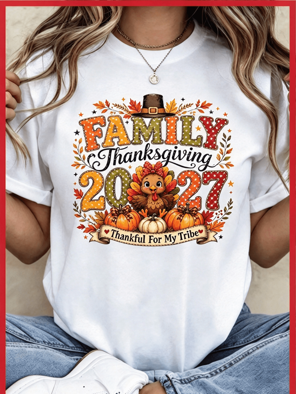 Family Thanksgiving Shirt Thankful For My Tribe Cute Turkey Pumpkin Matching Family Graphic Tee