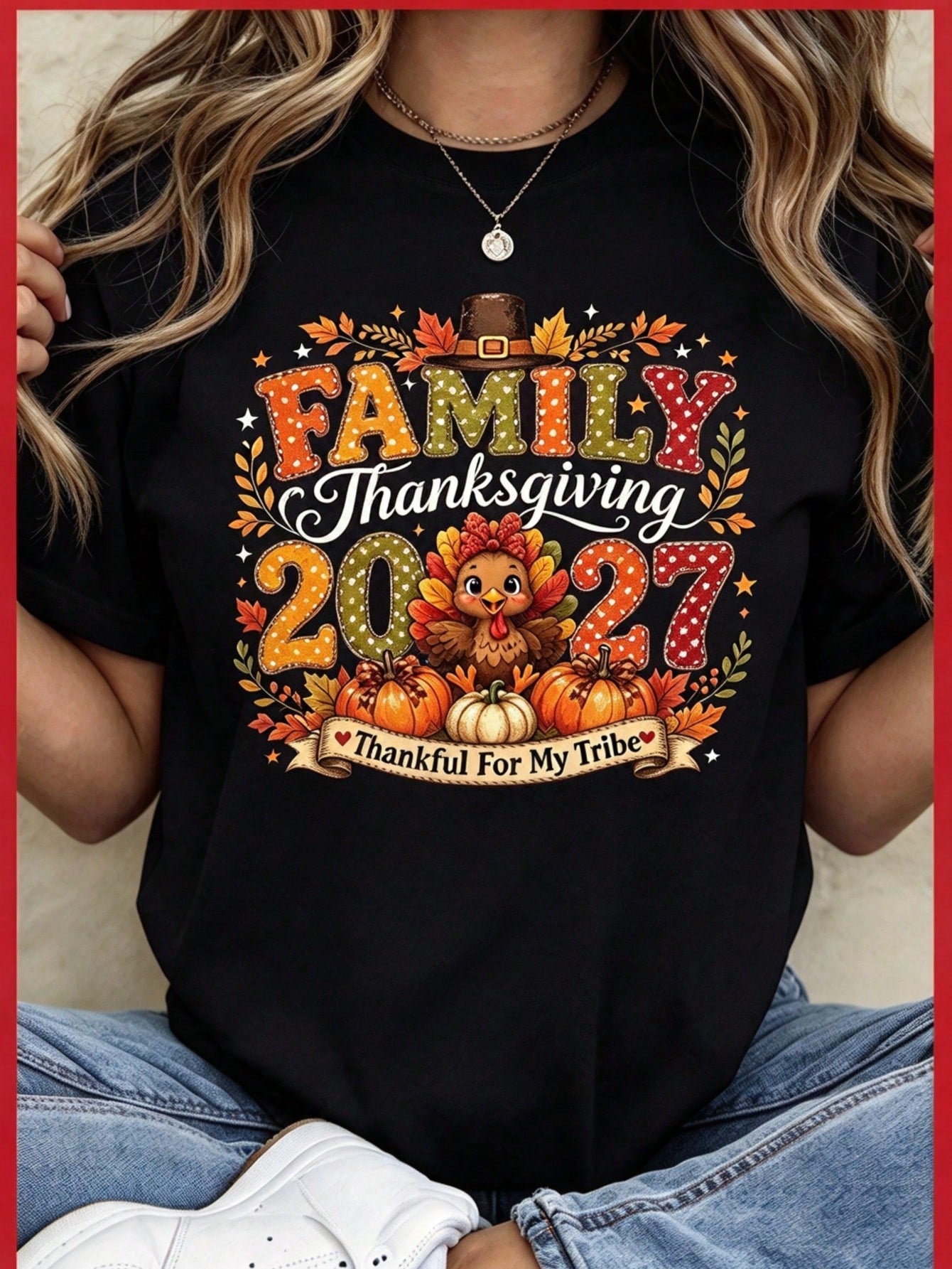 Family Thanksgiving Shirt Thankful For My Tribe Cute Turkey Pumpkin Matching Family Graphic Tee