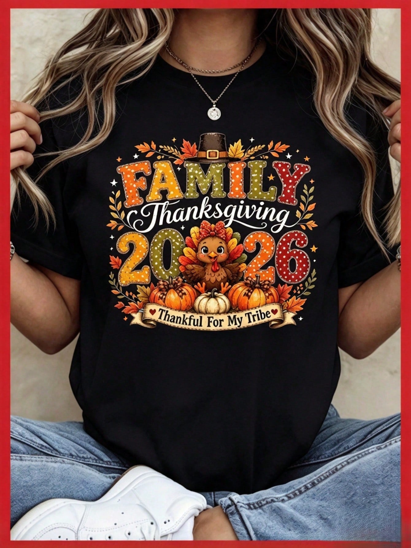 Family Thanksgiving Shirt Thankful For My Tribe Cute Turkey Pumpkin Matching Family Graphic Tee
