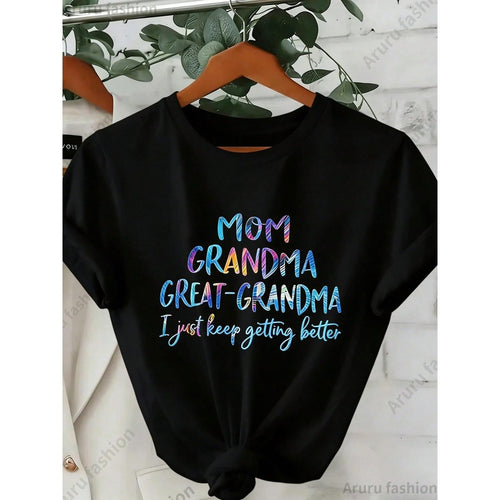 Women's Printed T-Shirt - 'Mom, Grandma, Great-Grandmother, I'm Getting Better' Colorful Letter Print Round Neck Short Sleeve Casual Top