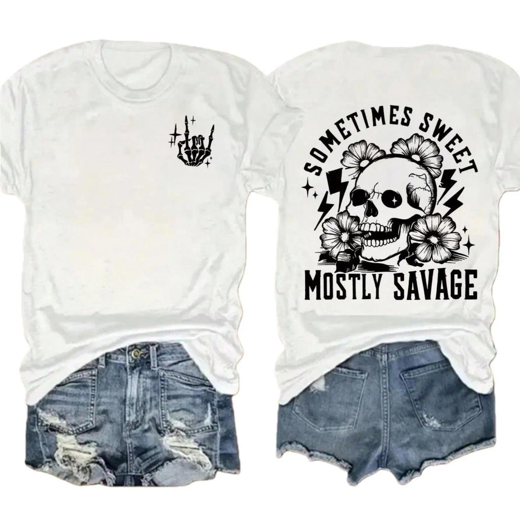 Women's Casual Fit Skull Print Round Neck T-Shirt Summer Tee Ladies Top
