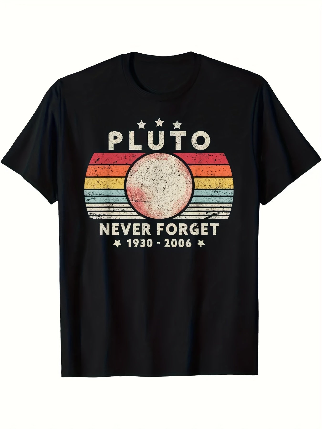 Men Women Unisex Casual T-Shirt, “PLUTO NEVER FORGET 1930-2006” Retro Planet Stripe Graphic Print Short Sleeve Top