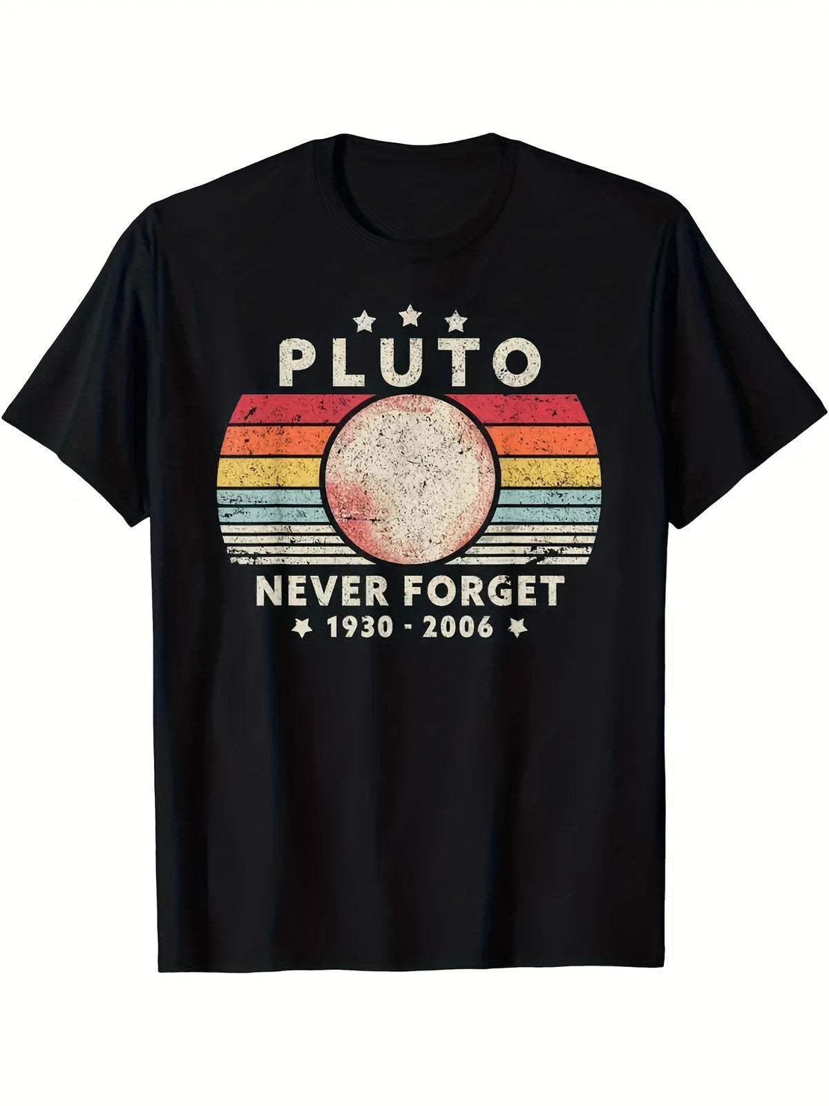 Men Women Unisex Casual T-Shirt, “PLUTO NEVER FORGET 1930-2006” Retro Planet Stripe Graphic Print Short Sleeve Top
