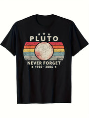Men Women Unisex Casual T-Shirt, “PLUTO NEVER FORGET 1930-2006” Retro Planet Stripe Graphic Print Short Sleeve Top