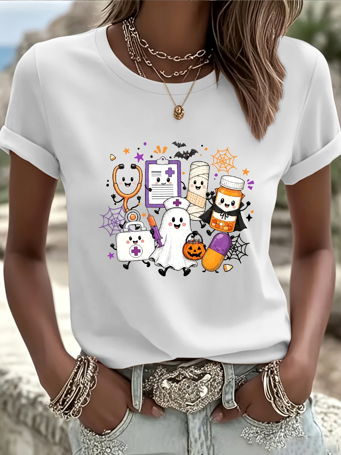Halloween Nurse Graphic T-shirt, Short-sleeved Crew Neck Casual Top